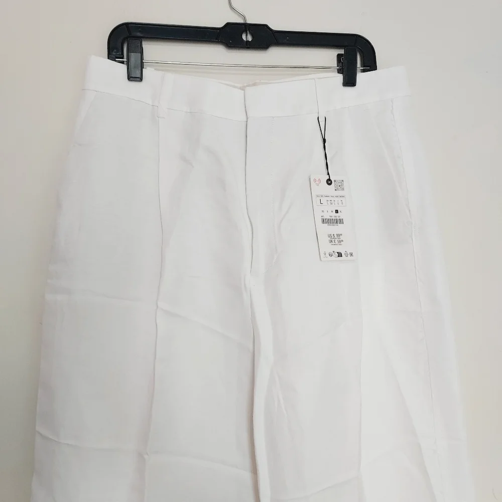 Zara Zw Collection Elegant Oyster White Straight-Leg Linen Blend Trousers
